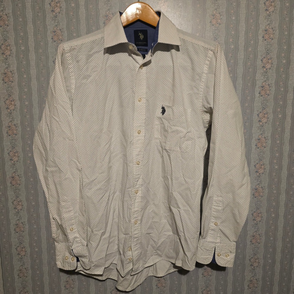 US Polo Assn Shirt M 15-15.5 Button Down Mens White Blue Slim Fit Micro Dot Long